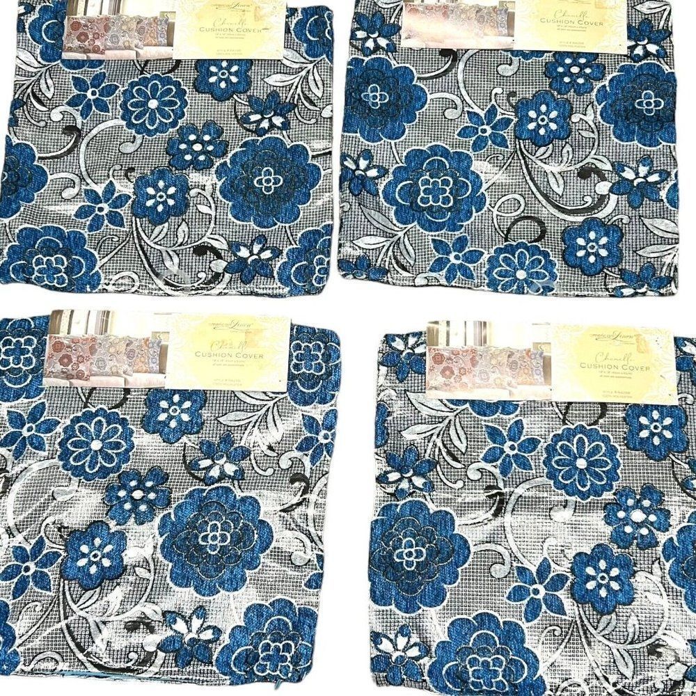 New Chenille Blue Chair Cushion Pillow Covers 18" American Linen Lot Of 4 Boho